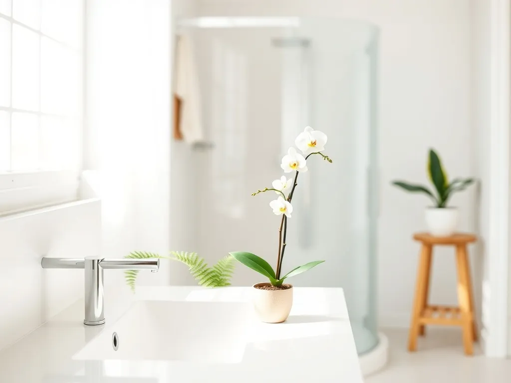 Nowoczesna łazienka z paprotką i białą orchideą w doniczkach, pokazująca rośliny idealne do wnętrz w stylu spa.