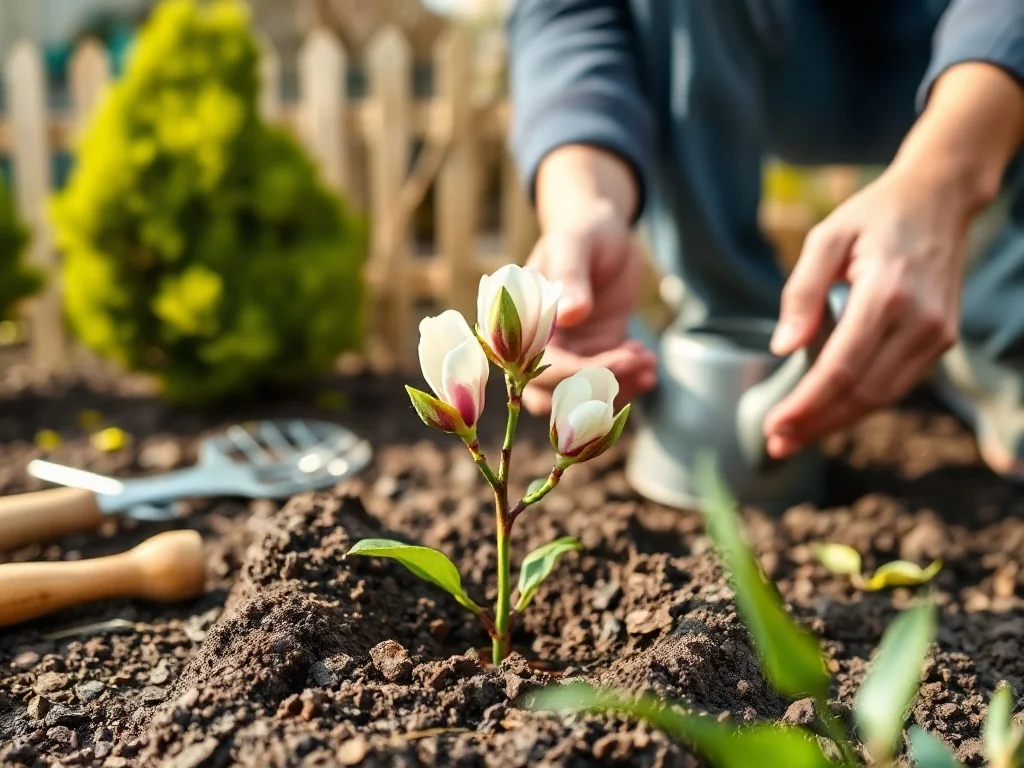 Ogrodnik sadzi młodą magnolię z pąkami w wiosennym ogrodzie, obok leżą narzędzia i stoją konewka.