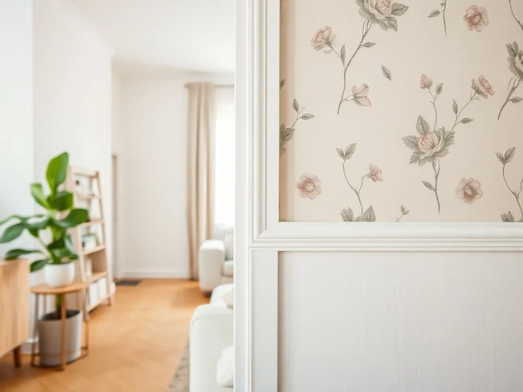 Stylowy salon z dwiema różnymi tapetami połączonymi białą listwą, pokazujący eleganckie łączenie wzorów w domu