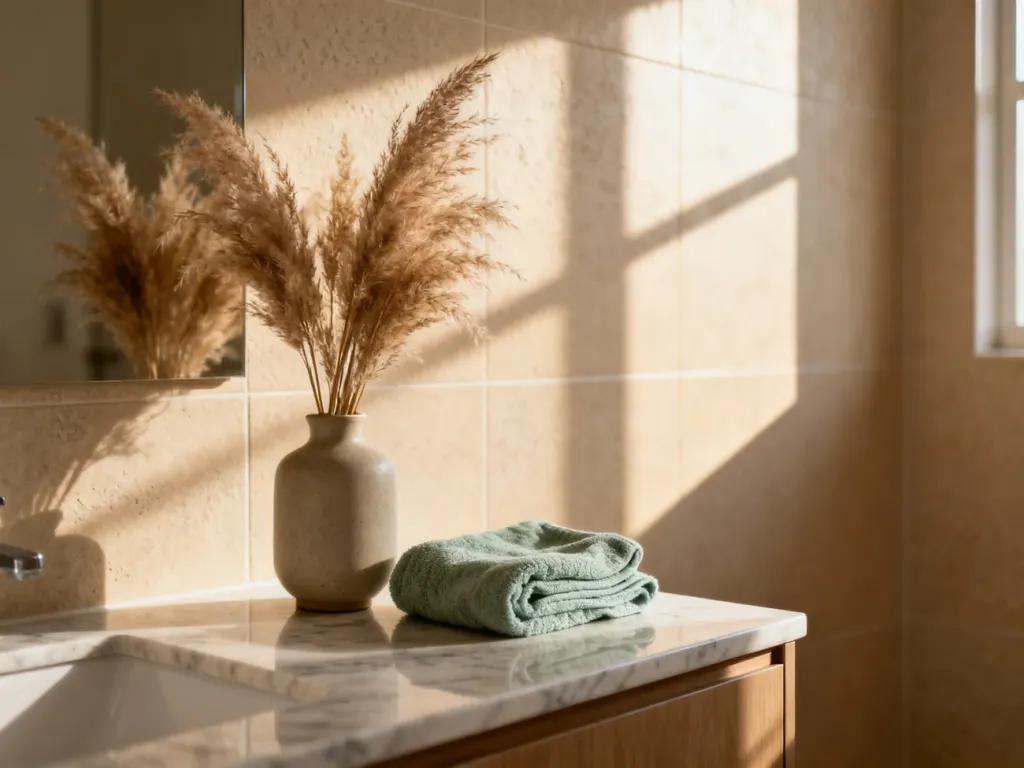 Nowoczesna beżowa łazienka z marmurowym blatem, suszonymi trawami i szałwiowym ręcznikiem, oświetlona ciepłym światłem słonecznym.