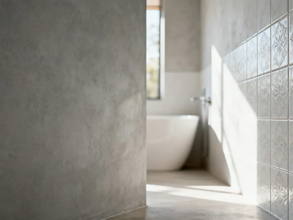 Porównanie ściany z mikrocementu oraz płytek ceramicznych w nowoczesnej łazience.
