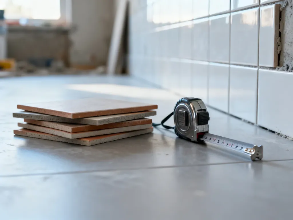 Stos płytek ceramicznych i miarka na podłodze w remontowanej łazience, ilustrujące proces planowania materiałów.