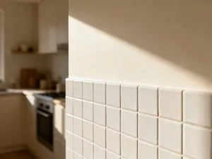 Minimalistyczna garderoba z otwartymi półkami w jasnym, nowoczesnym mieszkaniu, zapewniająca ład i funkcjonalność.