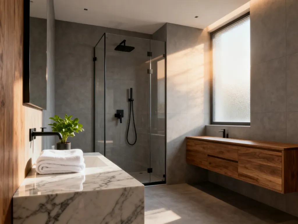 Nowoczesna łazienka z prysznicem typu walk-in, drewnianą szafką i eleganckimi czarnymi detalami w minimalistycznym stylu.
