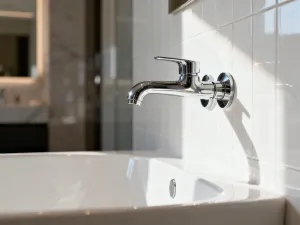 Nowoczesna łazienka bez płytek z betonowymi ścianami, drewnianymi akcentami i minimalistyczną wanną wolnostojącą.