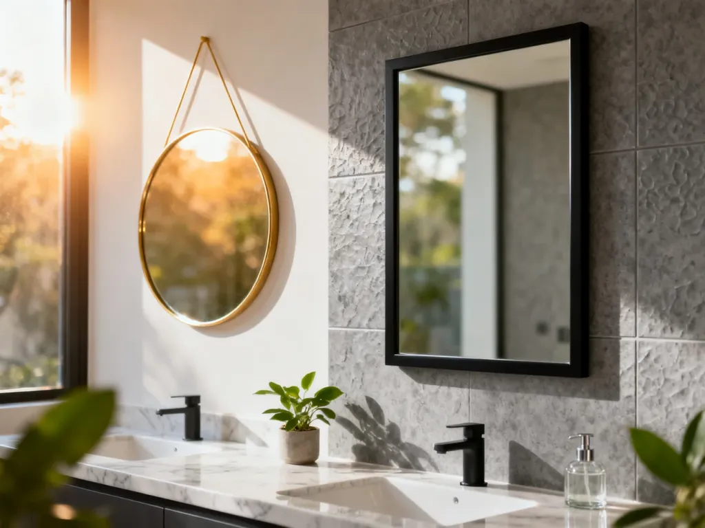 Porównanie nowoczesnej łazienki z okrągłym lustrem w złotej ramie oraz prostokątnym modelem w czarnej oprawie.