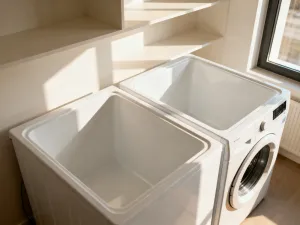 Jasna, wąska łazienka z wielkoformatowymi płytkami, które optycznie powiększają przestrzeń i nadają jej nowoczesny wygląd.