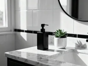 Chromowany wąż prysznicowy zwinięty w nowoczesnej łazience z marmurowymi płytkami, podkreślający jakość wykonania produktu.
