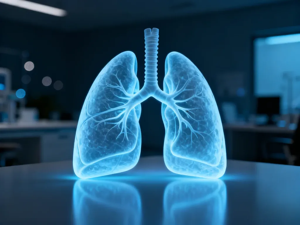 Anatomiczny model płuc z delikatnym niebieskim podświetleniem, obrazujący proces płytkiego oddychania.