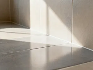 Eleganckie, matowe płytki z geometrycznym wzorem na ścianie za umywalką w nowoczesnej łazience.