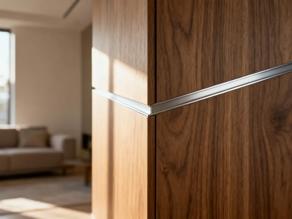 Eleganckie wykończenie narożnika paneli ściennych za pomocą aluminiowej listwy w nowoczesnym wnętrzu.