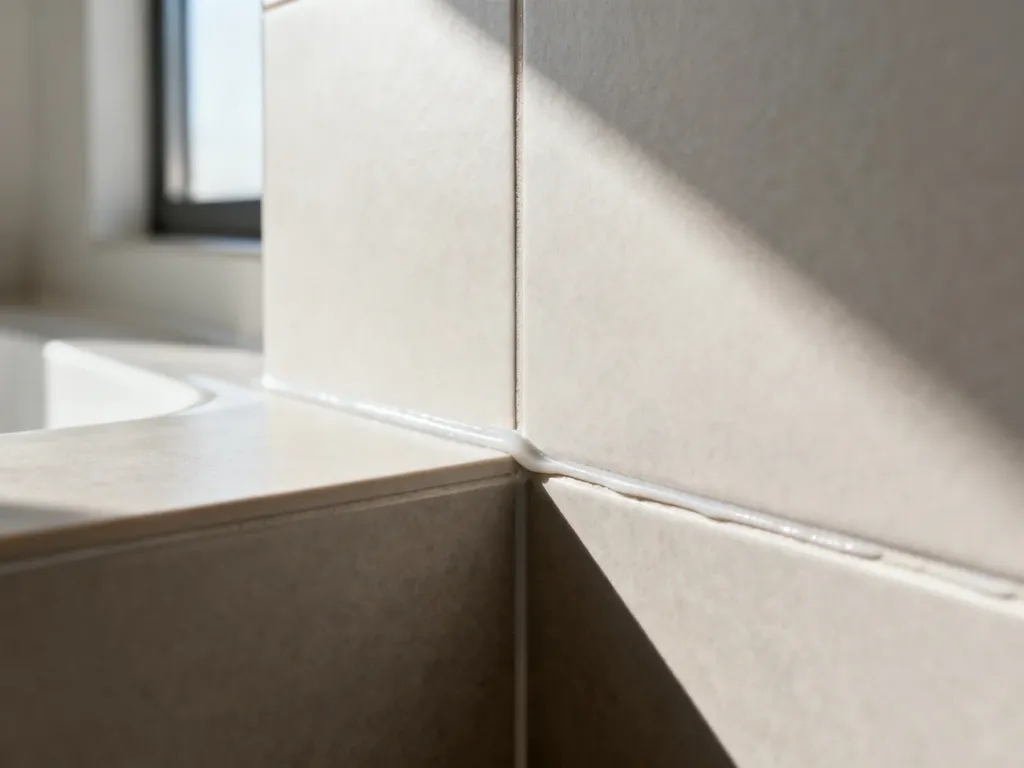 Zbliżenie na narożnik łazienki z precyzyjnym wykończeniem styku płytek ceramicznych przy użyciu silikonu.
