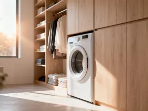 Minimalistyczny drewniany blat zamontowany nad białą pralką w jasnej, uporządkowanej pralni.