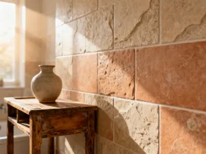 Chromowana bateria prysznicowa zamontowana na minimalistycznej ścianie z szarych płytek ceramicznych.