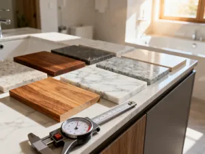 Luksusowa mozaika z niebieskich i srebrnych płytek szklanych na ścianie nowoczesnej łazienki z marmurowym wykończeniem.