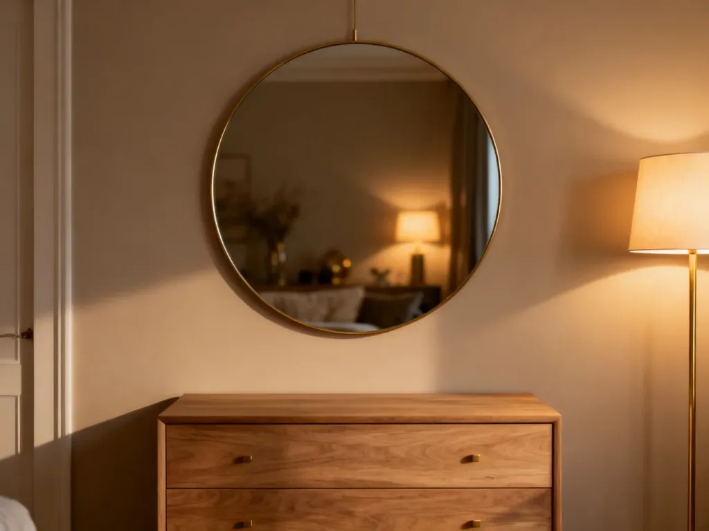 Okrągłe lustro zawieszone centralnie nad minimalistyczną drewnianą komodą w eleganckim salonie.