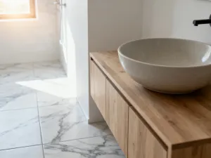 Nowoczesna chromowana bateria umywalkowa z korkiem typu klik-klak w minimalistycznej łazience.