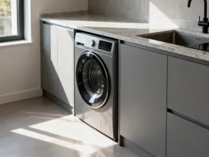 Nowoczesna, minimalistyczna łazienka w bloku z białą umywalką, chromowaną armaturą i subtelnym oświetleniem LED.