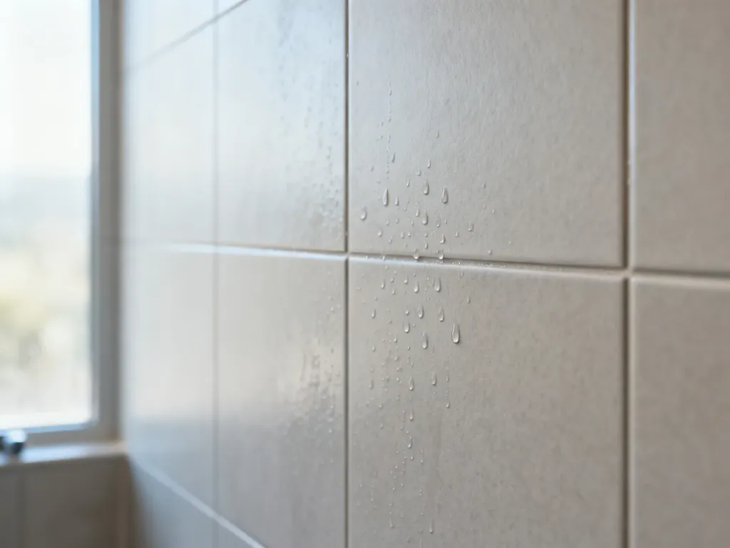 Zbliżenie na matowe płytki ceramiczne z równo położoną fugą w nowoczesnej, minimalistycznej łazience.
