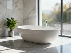 Eleganckie metalowe wykończenie krawędzi płytek w łazience, łączące szarą ceramikę z pomalowaną na szałwiowo ścianą.