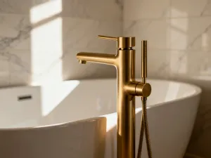 Porównanie kolumny prysznicowej z matowego aluminium i polerowanej stali nierdzewnej w nowoczesnej łazience.
