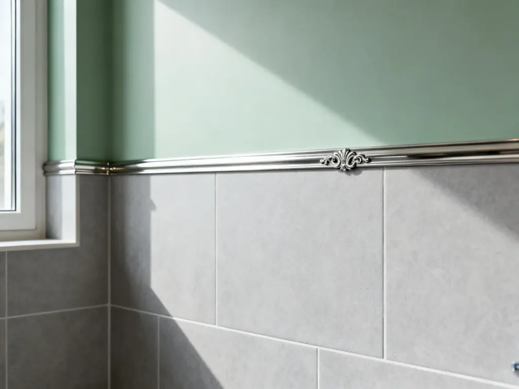 Eleganckie metalowe wykończenie krawędzi płytek w łazience, łączące szarą ceramikę z pomalowaną na szałwiowo ścianą.