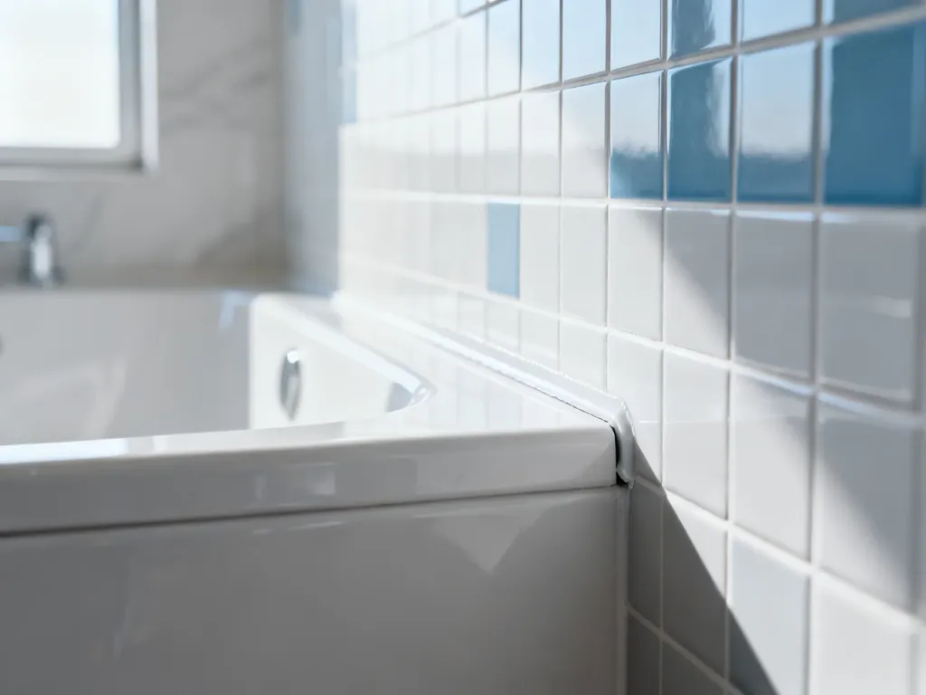 Starannie wykonane uszczelnienie silikonowe na styku wanny z płytkami ceramicznymi w nowoczesnej łazience.