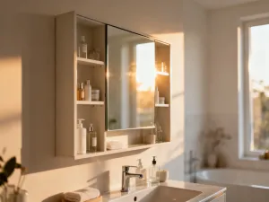 Wąż prysznicowy ze stali nierdzewnej zwinięty na białych płytkach łazienkowych w minimalistycznym wnętrzu.