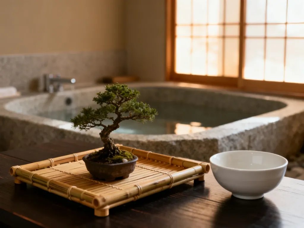 Minimalistyczna łazienka w stylu japońskim z bonsai i kamienną wanną, emanująca spokojem i naturalną harmonią.