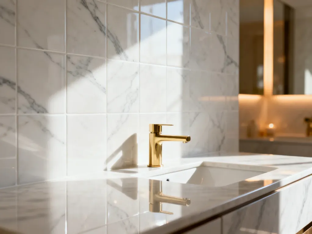 Elegancka łazienka z marmurowymi płytkami, minimalistyczną złotą armaturą i nastrojowym oświetleniem w stylu spa.