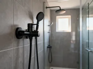 Narzędzia remontowe, poziomica i płytki ceramiczne przygotowane do układania w nowoczesnej łazience.
