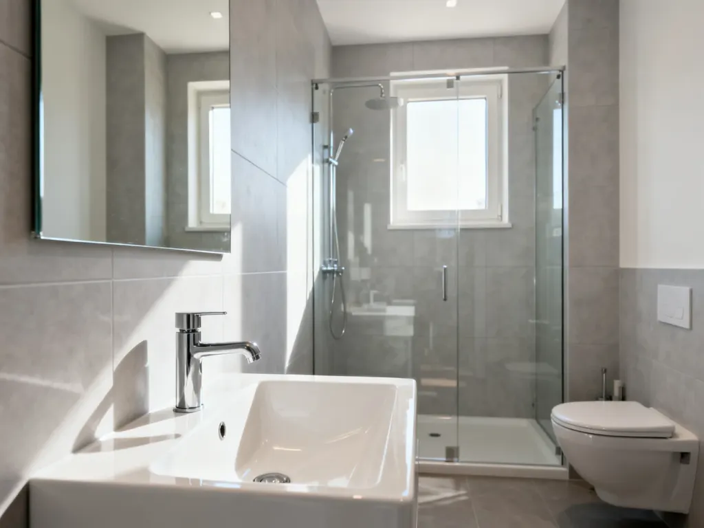 Nowoczesna łazienka w bloku z minimalistyczną umywalką i kabiną typu walk-in, prezentująca funkcjonalne połączenie WC z prysznicem.