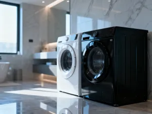 Elegancka łazienka w stylu glamour z marmurowym blatem, złotymi detalami i nastrojowym oświetleniem w odcieniach granatu.