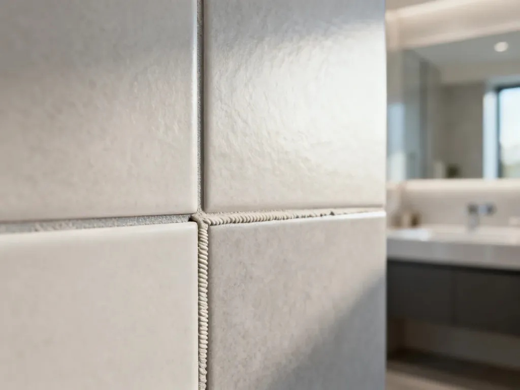 Porównanie wąskiej fugi oraz elastycznej spoiny między płytkami ceramicznymi w nowoczesnej łazience.