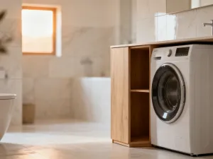 Stos płytek ceramicznych na drewnianej palecie w nowoczesnym magazynie, podkreślający ich fakturę i estetykę.