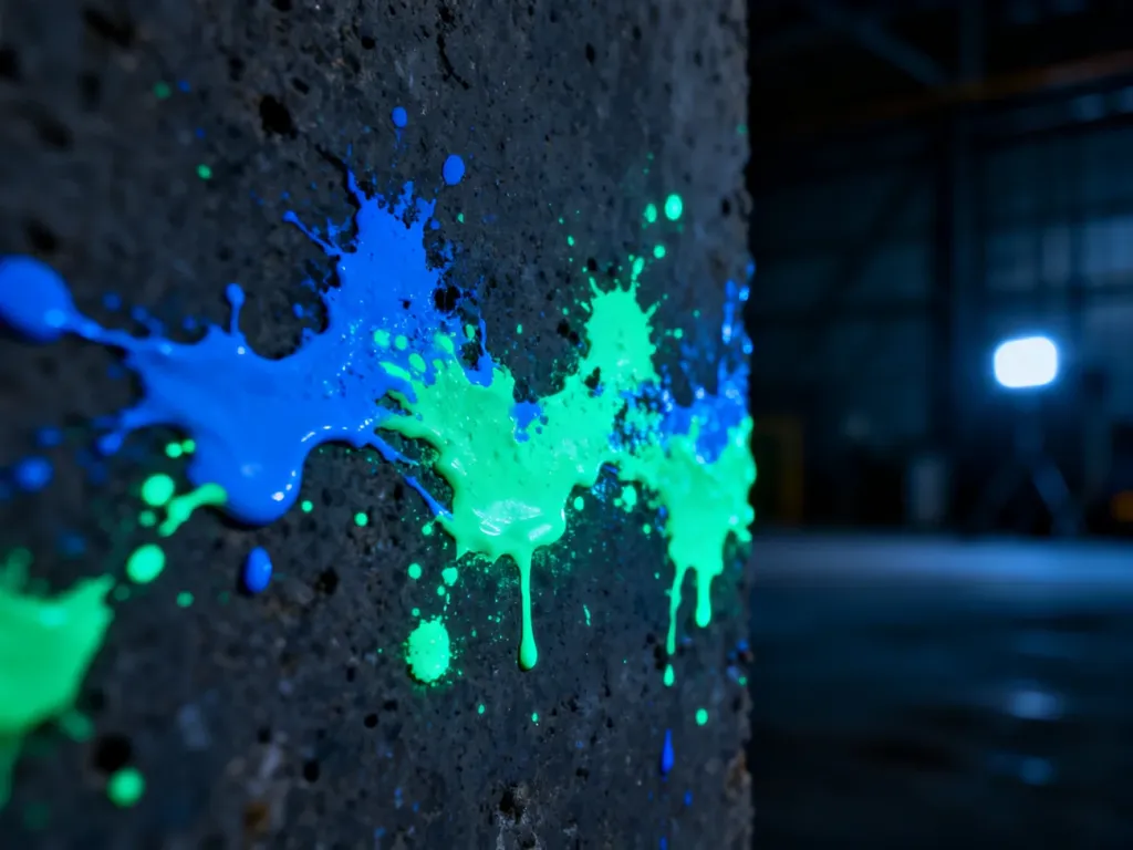 Świecące w ciemności neonowe odpryski farby na betonowej powierzchni, ilustrujące efekt fluorescencji.