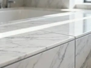Minimalistyczne płytki ułożone poziomo w nowoczesnej łazience, optycznie poszerzające przestrzeń wnętrza.