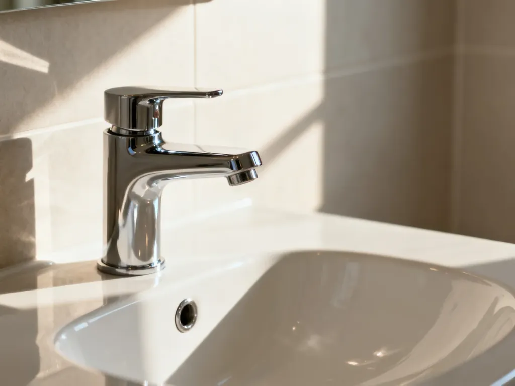 Nowoczesna chromowana bateria umywalkowa zamontowana nad ceramiczną umywalką w jasnej, minimalistycznej łazience.