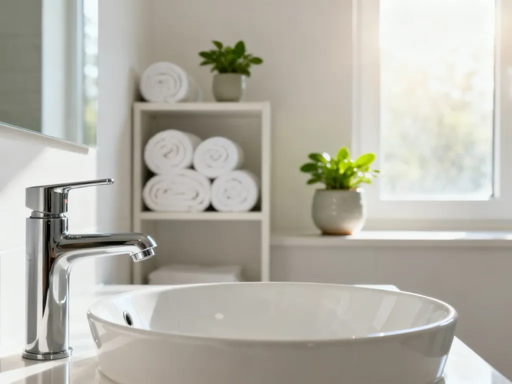 Nowoczesna łazienka z ceramiczną umywalką, chromowaną baterią i uporządkowanymi akcesoriami w jasnym, świeżym wnętrzu.