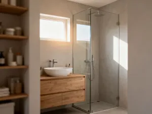 Nowoczesna szafka podumywalkowa w minimalistycznej łazience, która estetycznie ukrywa instalację hydrauliczną.