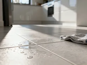 Nowoczesna chromowana bateria umywalkowa zamontowana nad ceramiczną umywalką w jasnej, minimalistycznej łazience.