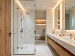 Elegancka łazienka z marmurowymi płytkami, minimalistyczną złotą armaturą i nastrojowym oświetleniem w stylu spa.