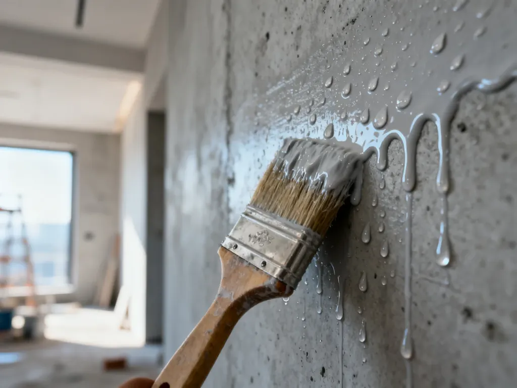 Pędzel nakładający wodoszczelną powłokę na betonową ścianę, z której spływają krople wody, obrazując właściwości hydrofobowe.