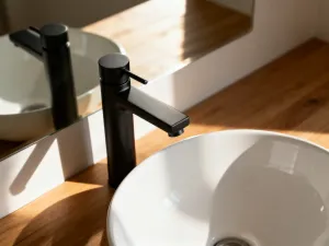 Nowoczesna bateria łazienkowa ze szczotkowanego mosiądzu w minimalistycznym stylu z widocznymi kroplami wody.