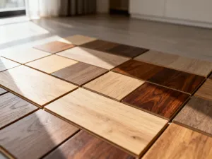 Stos płytek ceramicznych i miarka na podłodze w remontowanej łazience, ilustrujące proces planowania materiałów.
