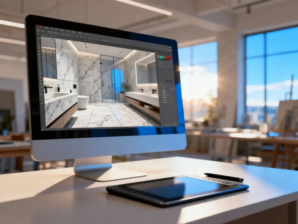 Stanowisko pracy z komputerem wyświetlającym fotorealistyczny projekt nowoczesnej łazienki w 3D.