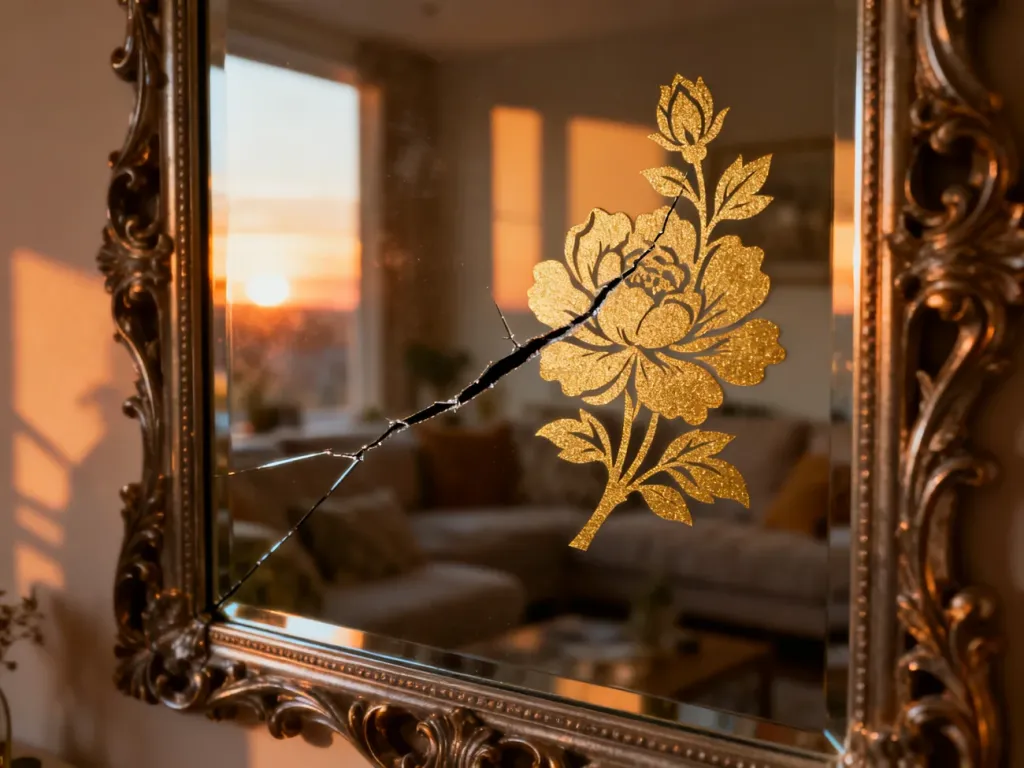 Pęknięte lustro ozdobione elegancką naklejką w kształcie złotych kwiatów, która skutecznie maskuje uszkodzenie szkła.