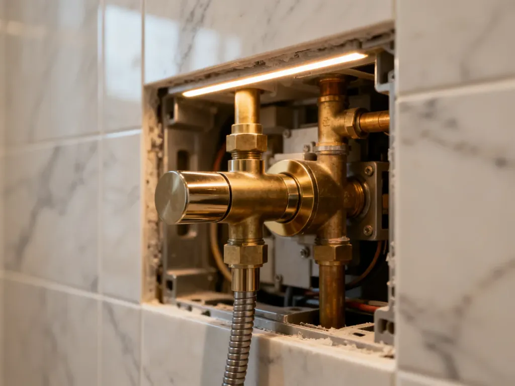 Wnętrze ściany z zamontowaną baterią podtynkową, ukazujące mosiężne przyłącza hydrauliczne i mechanizm instalacji.