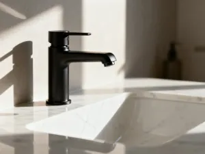 Nowoczesna łazienka w bloku z minimalistyczną umywalką i kabiną typu walk-in, prezentująca funkcjonalne połączenie WC z prysznicem.