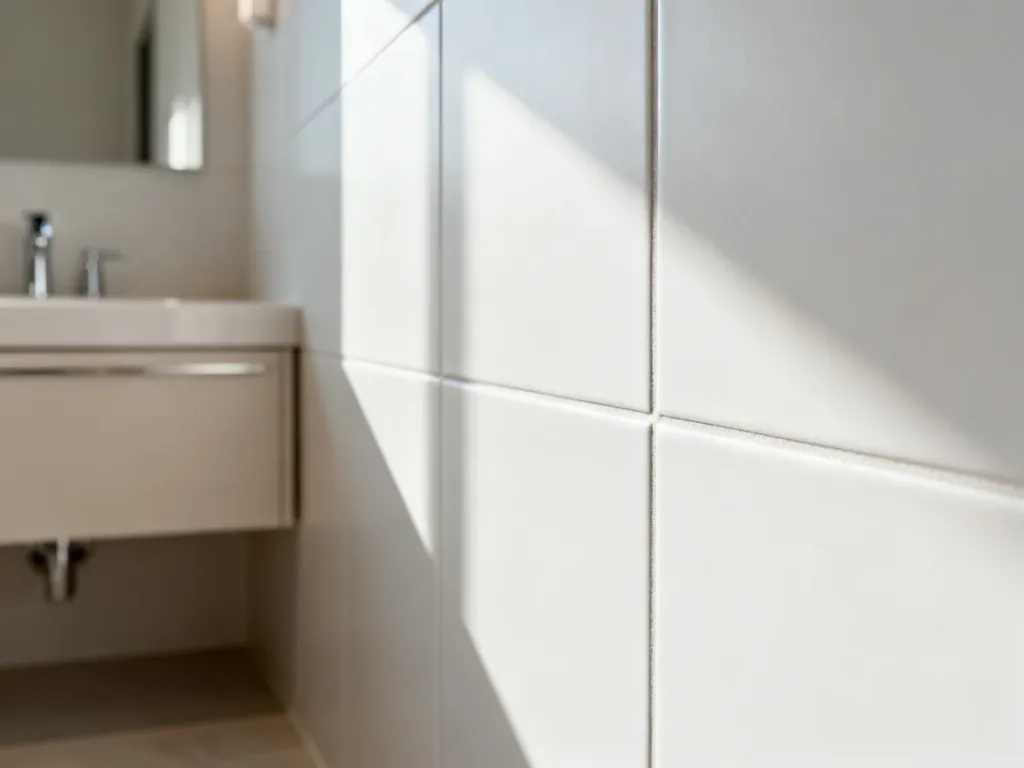 Zbliżenie na jasne płytki łazienkowe z estetyczną fugą w minimalistycznym wnętrzu oświetlonym naturalnym światłem.